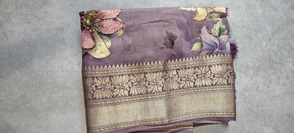 Pure Silk Saree with Digital Print & French Knot Kantha-Stitched - Purple