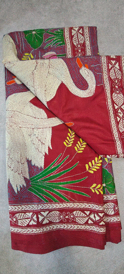 Pure Silk Saree with Kantha-Stitched - Maroon