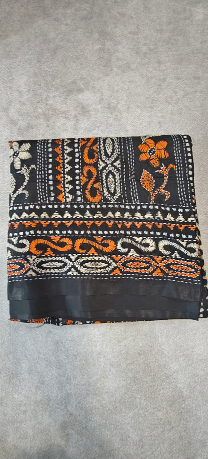Pure Art Malai Silk Saree with Kantha-Stitched - Black