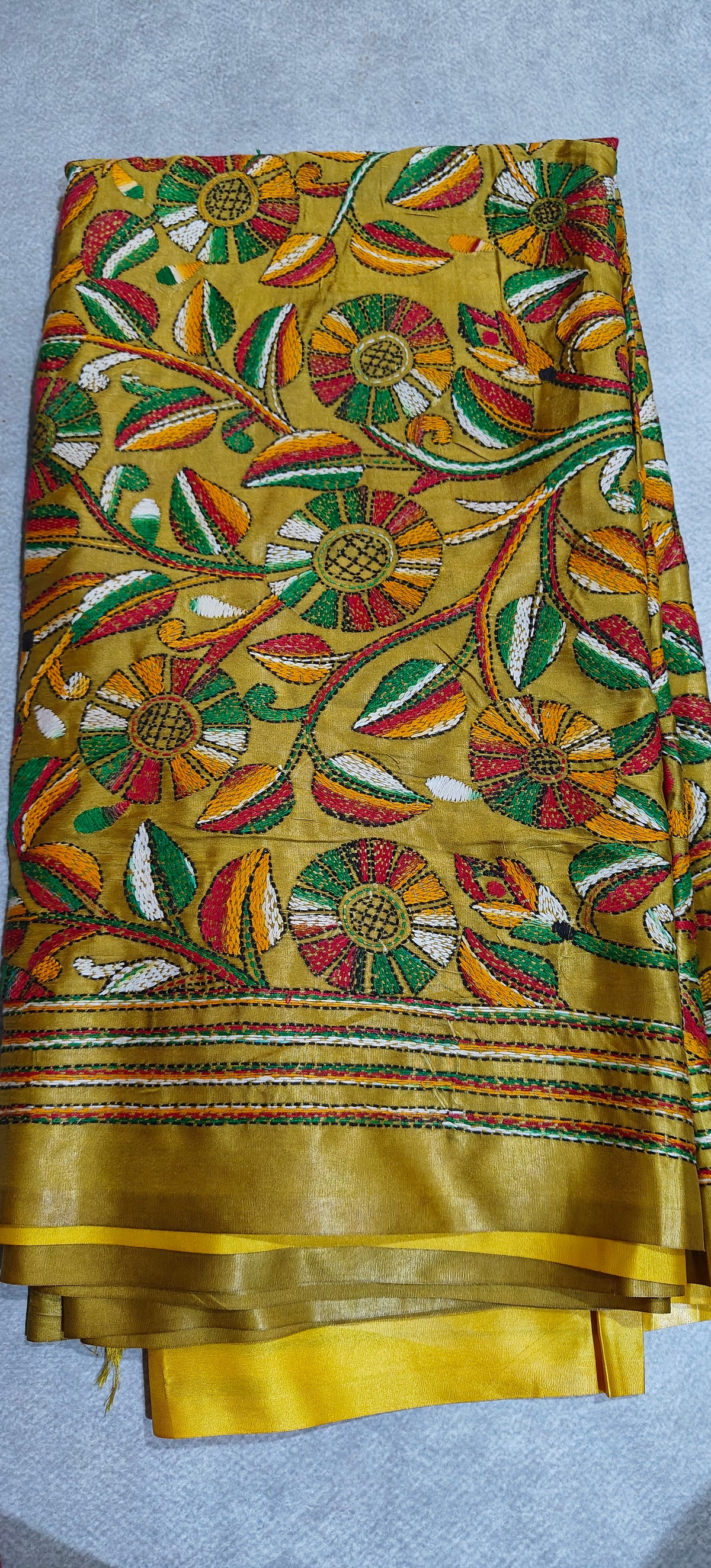 Pure Silk Saree with Kantha-Stitched - Yellow