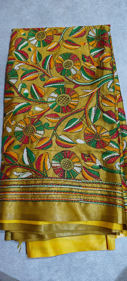 Pure Silk Saree with Kantha-Stitched - Yellow
