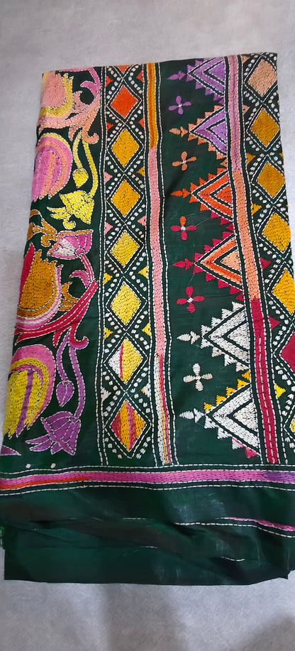 Pure Silk Saree with Kantha-Stitched - Green