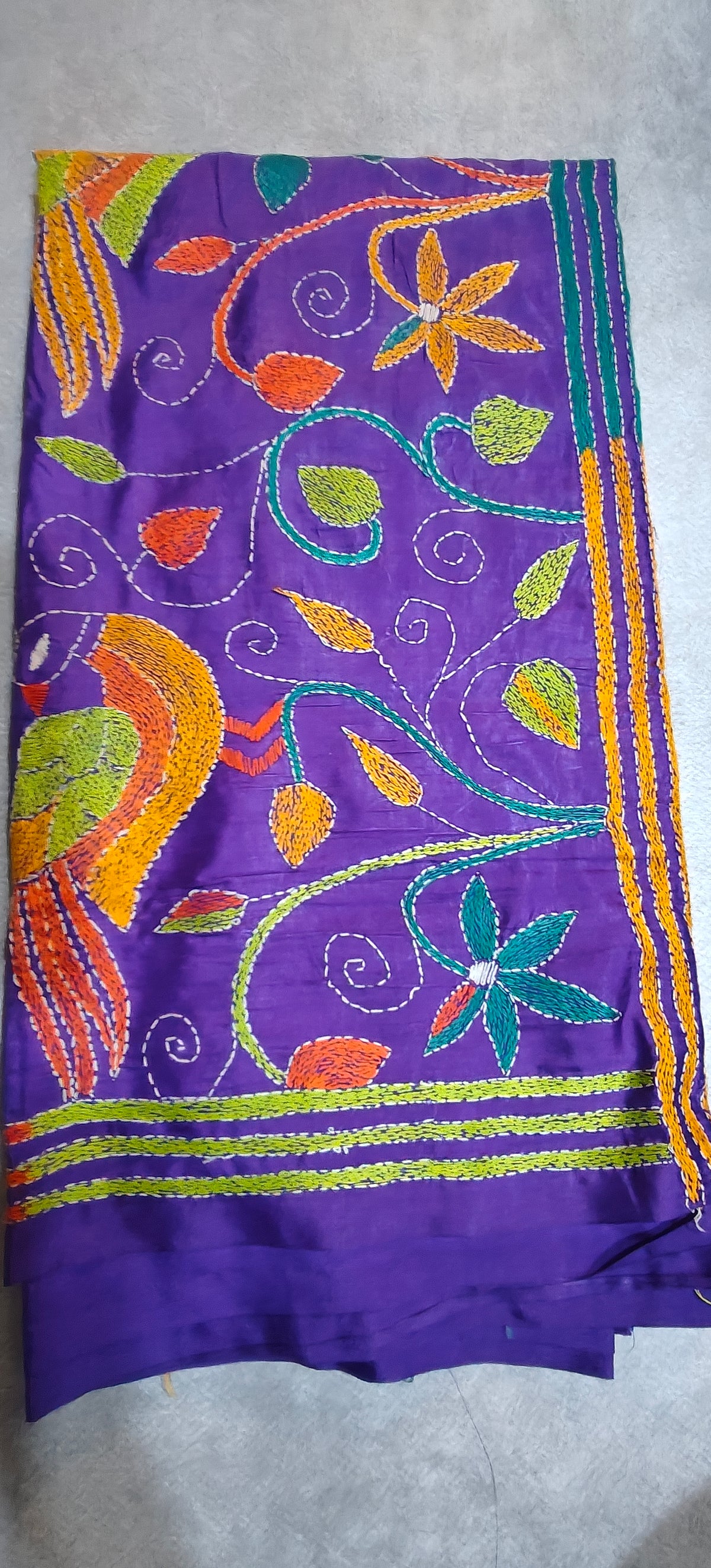 Pure Silk Saree with Kantha-Stitched - Purple