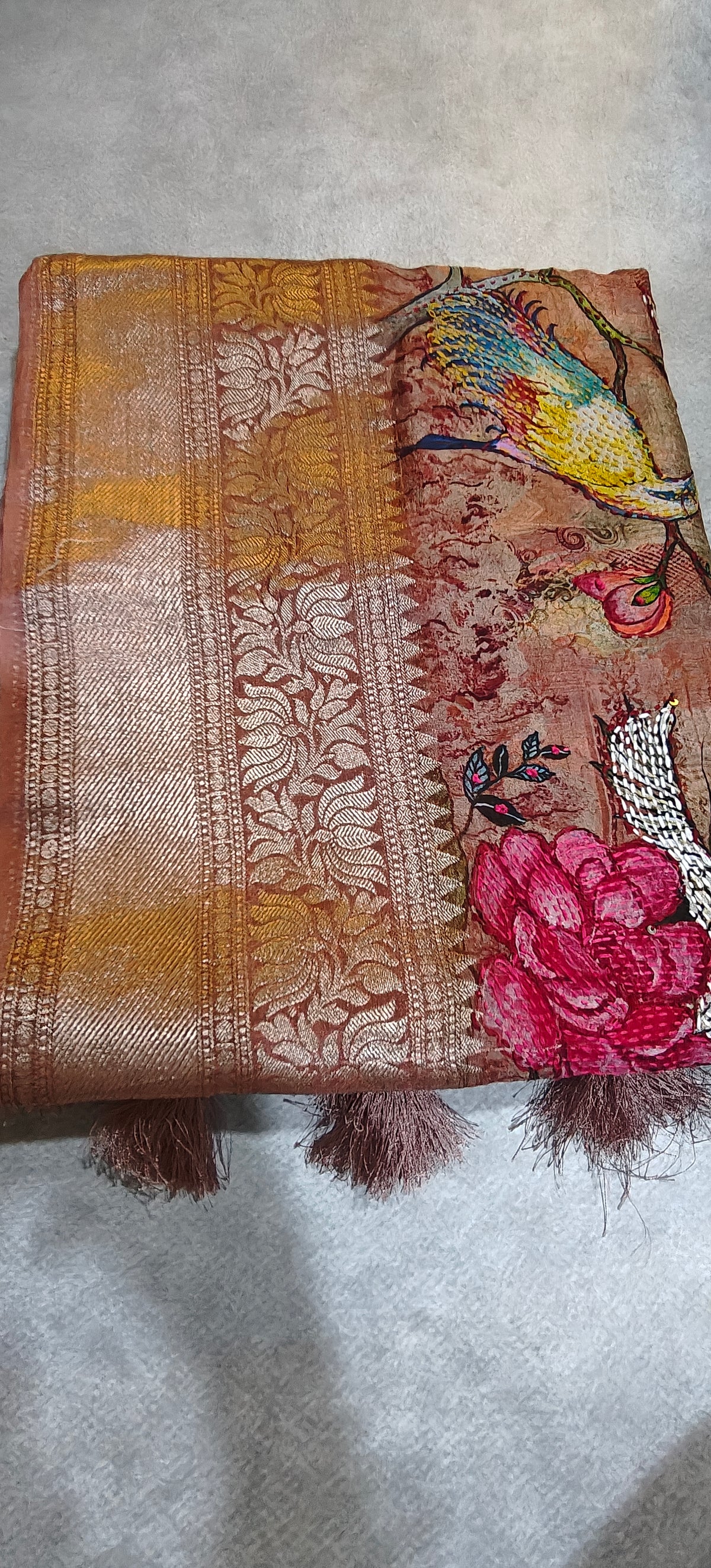 Pure Silk Saree with Digital Print & French Knot Kantha-Stitched - Mauve