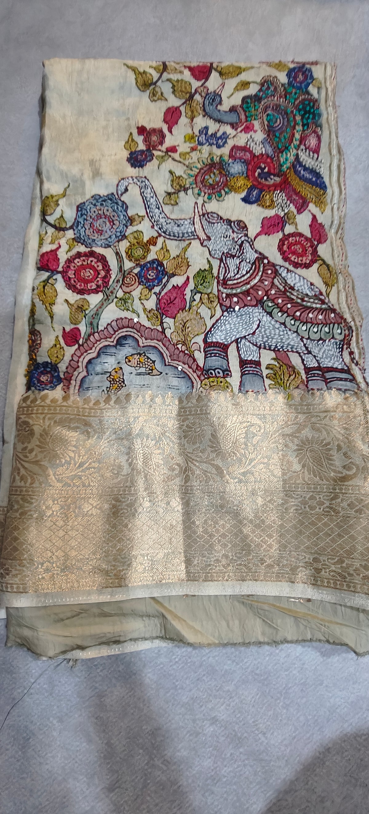 Pure Silk Saree with Digital Print & French Knot Kantha-Stitched - Cream