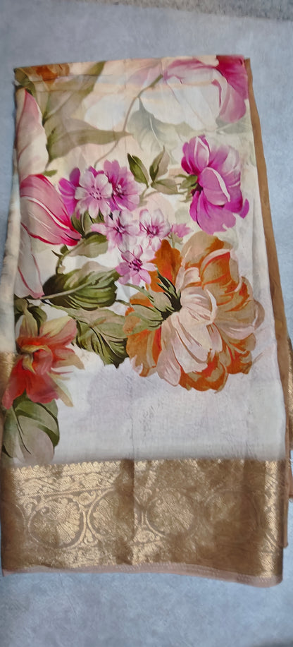 Pure Silk Saree with Digital Print & French Knot Kantha-Stitched - Beige