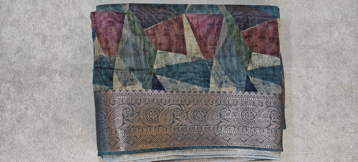 Organza Saree with Abstract Print - Blue