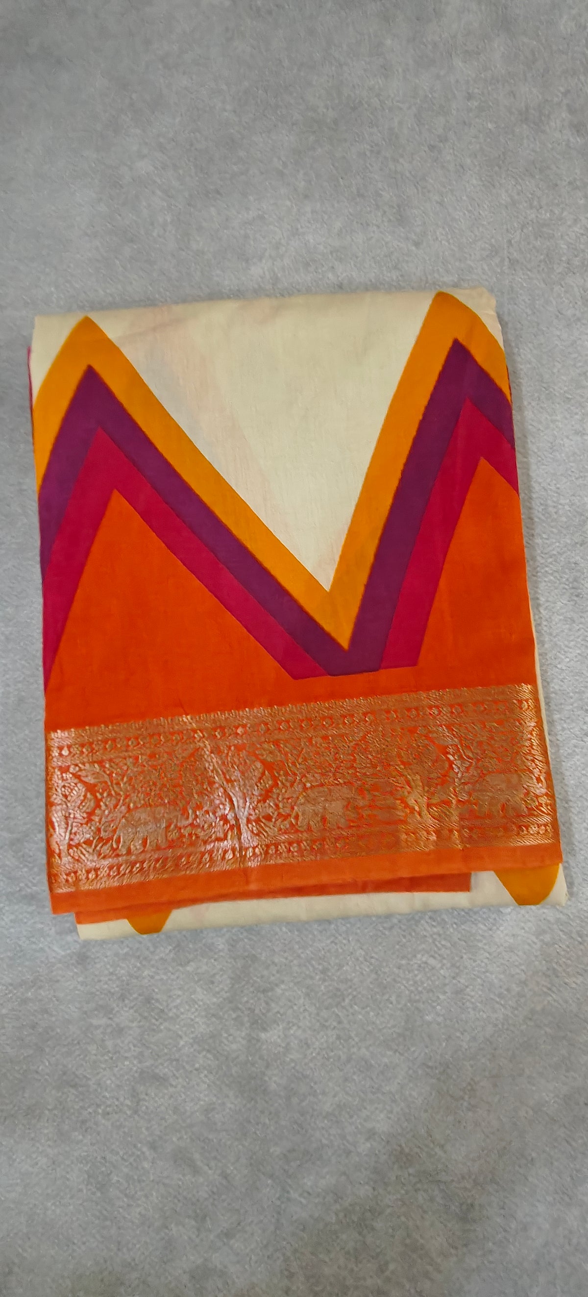 Maheshwari Silk Saree with Ganga Jamuna Border - Beige with Orange