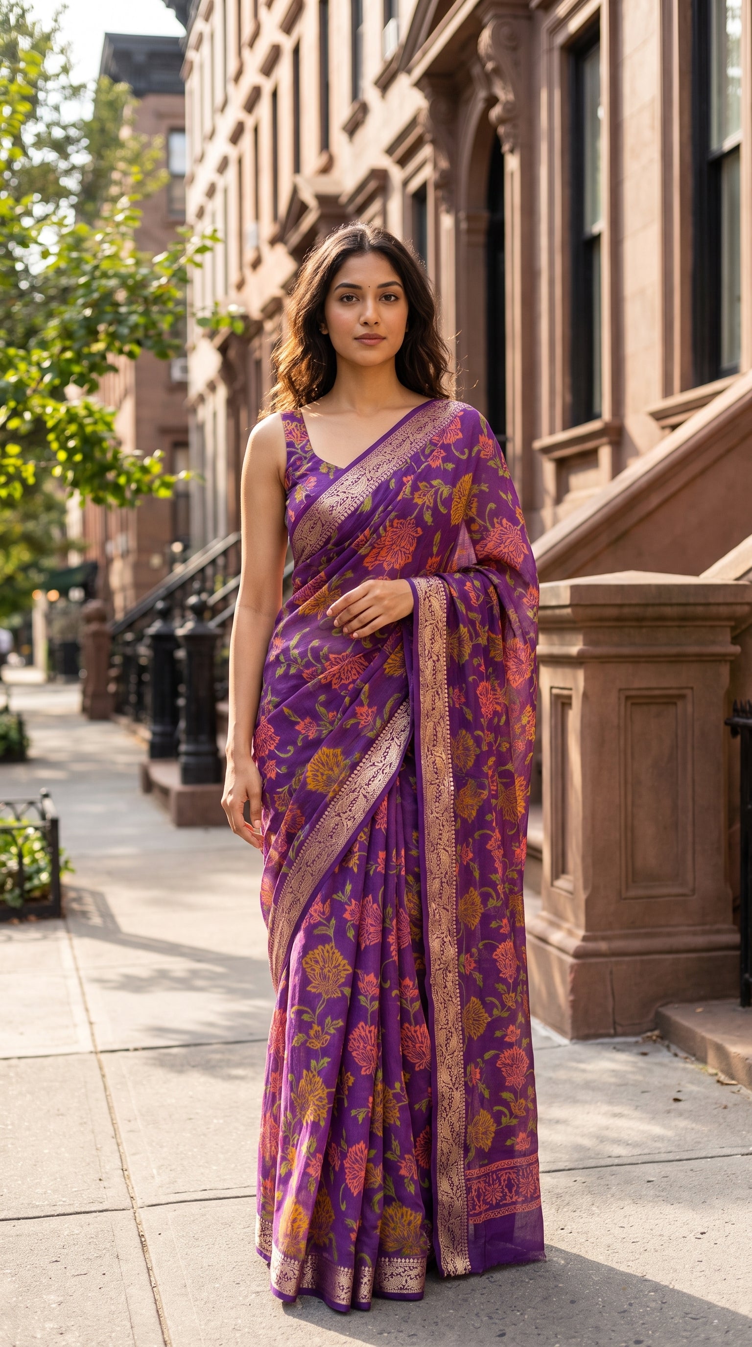 Full-length portrait of a woman taking a step down a city sidewalk lined with classic brownstone buildings, beautifully showcasing the weightless, fluid movement and detailed jacquard border of her purple floral pure chinon saree