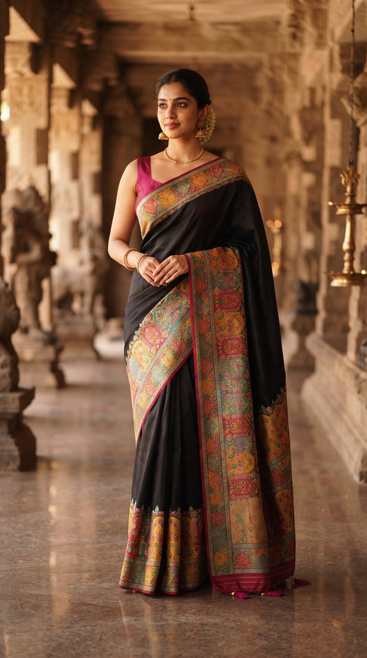 Midnight Black Handwoven Kani Silk Saree