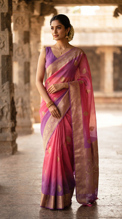 A front portrait of a woman standing gracefully against a historic pillar corridor, showcasing the sheer organza texturing, gold buttis, and intricate purple zari paneling of her pink Banarasi silk saree