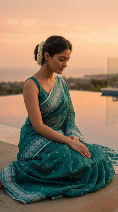 Model sitting cross-legged on an infinity pool deck at sunset, beautifully displaying the soft sheen, intricate geometric borders, and crisp folds of her sea-green saree