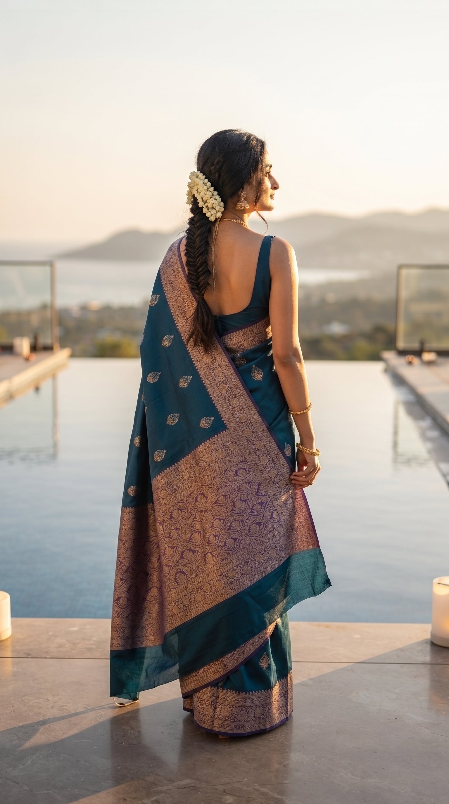 A rear-view portrait of a woman with a long braided hair bun standing on an infinity pool deck overlooking a coastal sunset landscape, showcasing the heavy gold zari work across her teal silk pallu