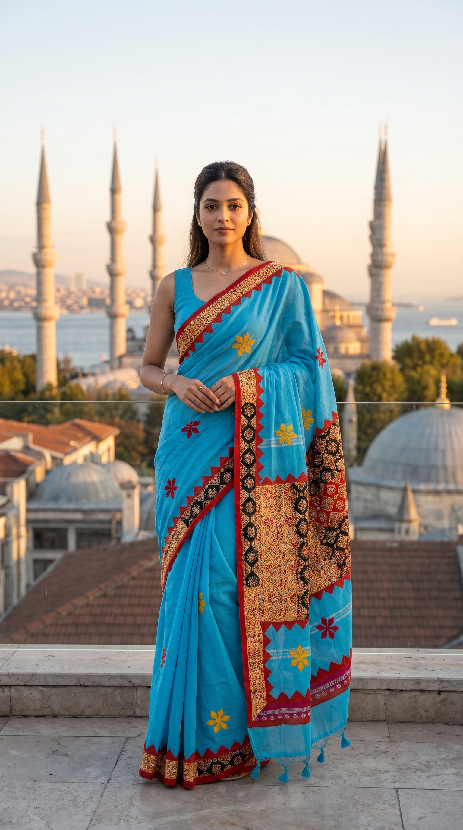 Full-length portrait of a woman standing on a rooftop balcony overlooking historic minarets and a sunset skyline, perfectly displaying the fluid drape and multi-patterned applique artwork of a blue cotton linen Kota Kali saree