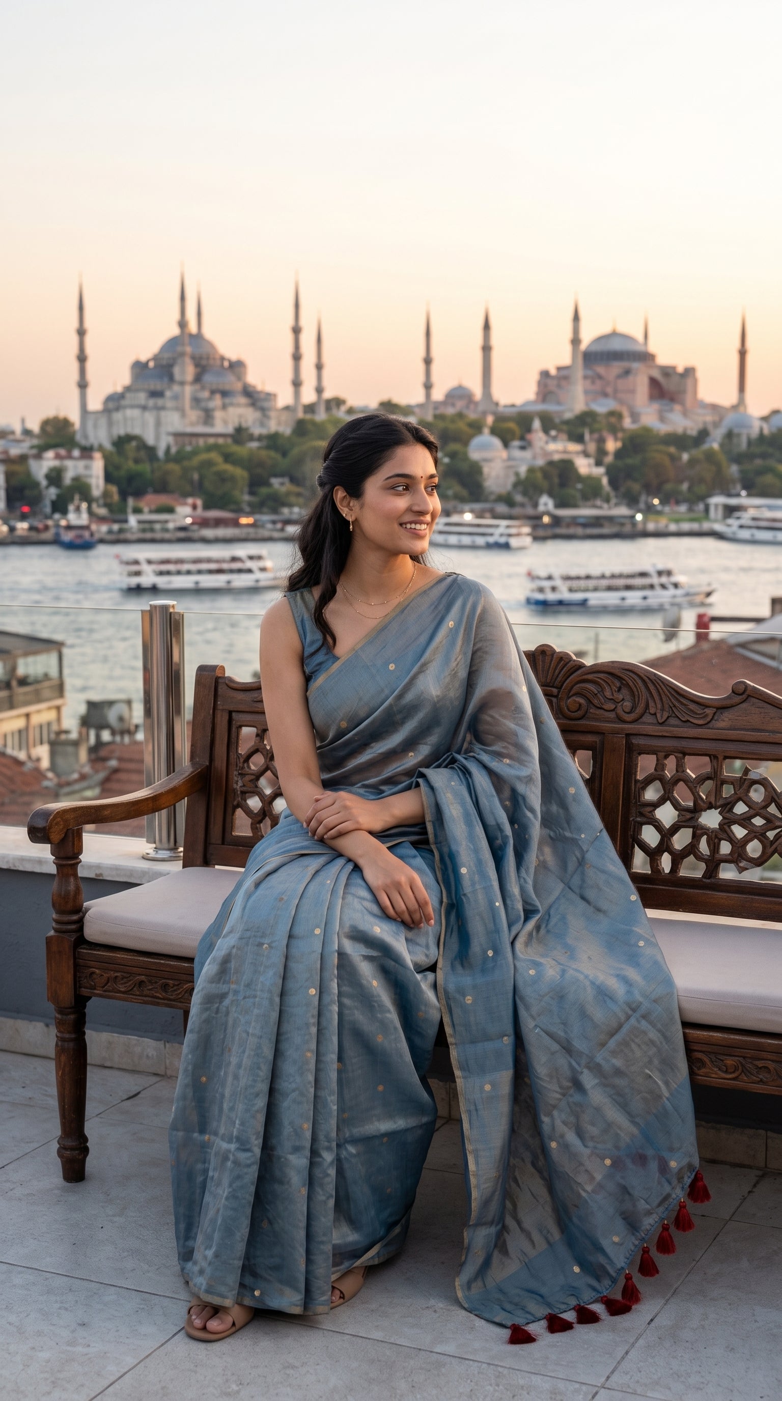 A model sitting on a wooden bench on a rooftop terrace overlooking the Istanbul skyline and minarets at sunset, displaying the elegant drape and maroon tassels of a steel blue tissue saree