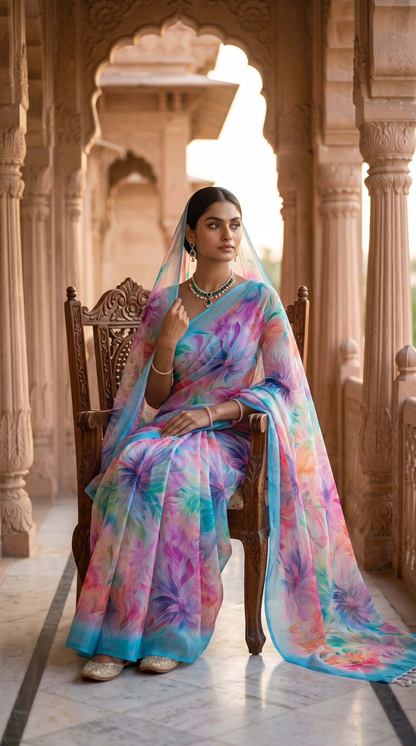 Model posing elegantly while seated in an intricately carved wooden armchair along a palace corridor, showing the dreamily translucent layers of a sky blue floral pure chiffon saree