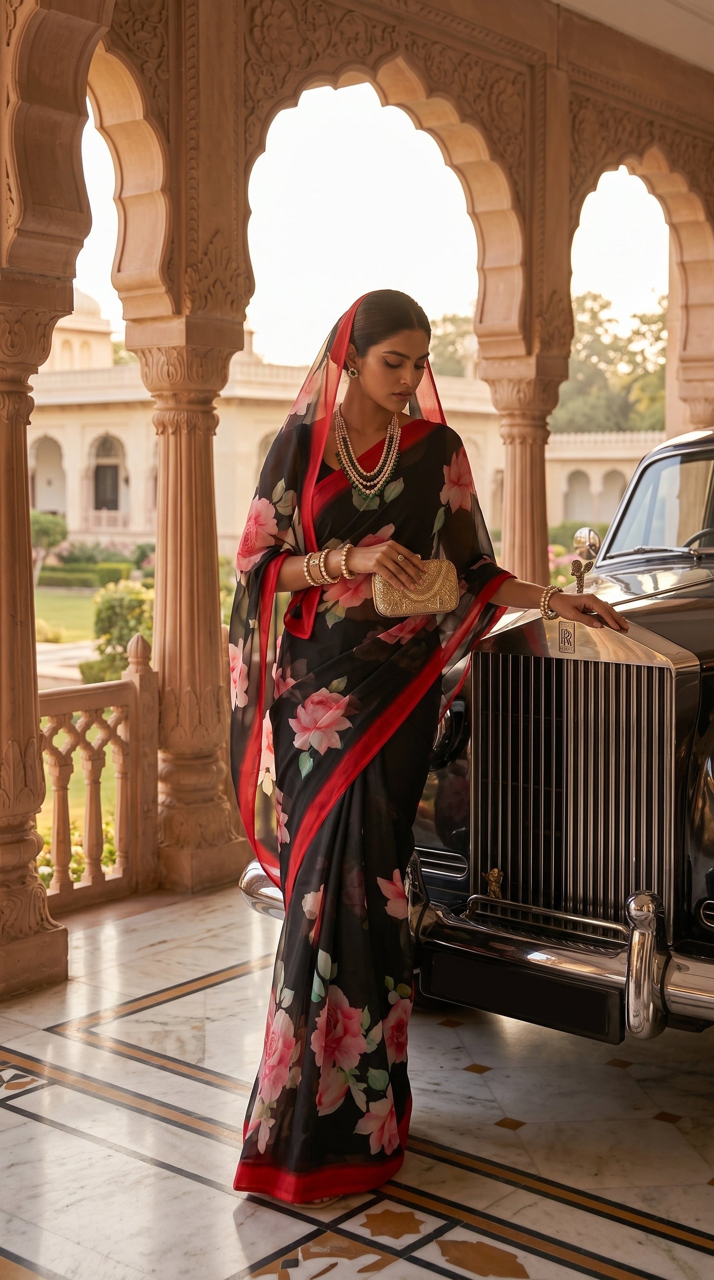 Crimson Noir – Pure Chiffon Floral Saree in Black