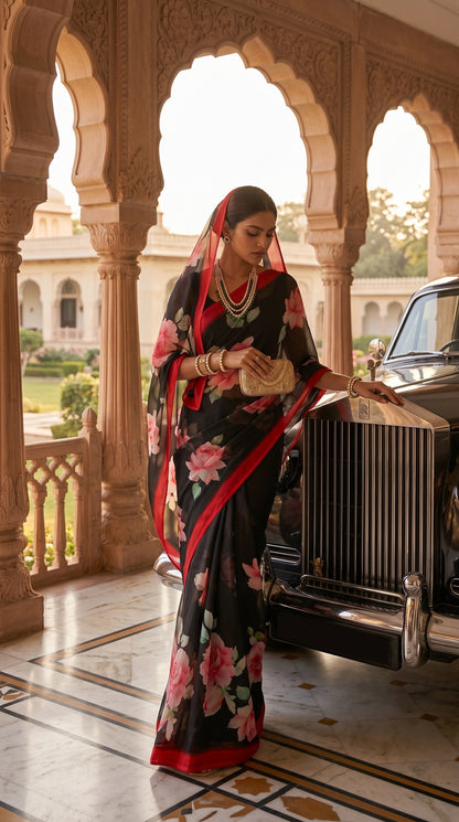 Crimson Noir – Pure Chiffon Floral Saree in Black