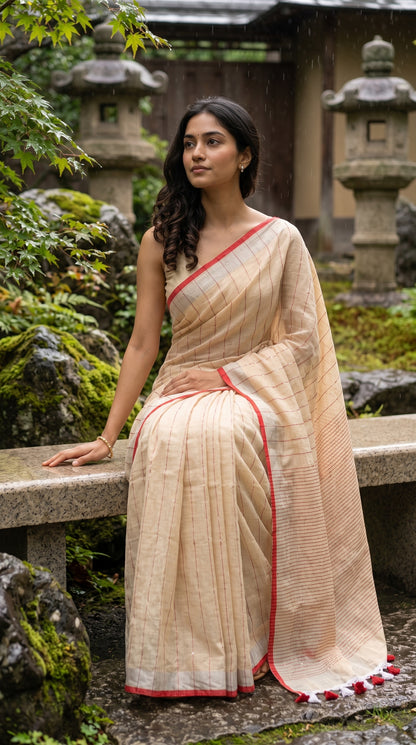 A model looking away thoughtfully while seated on a stone bench in a wet Japanese garden during a monsoon morning, beautifully displaying the clean pleats and subtle sequin shimmer of a beige khadi cotton linen saree