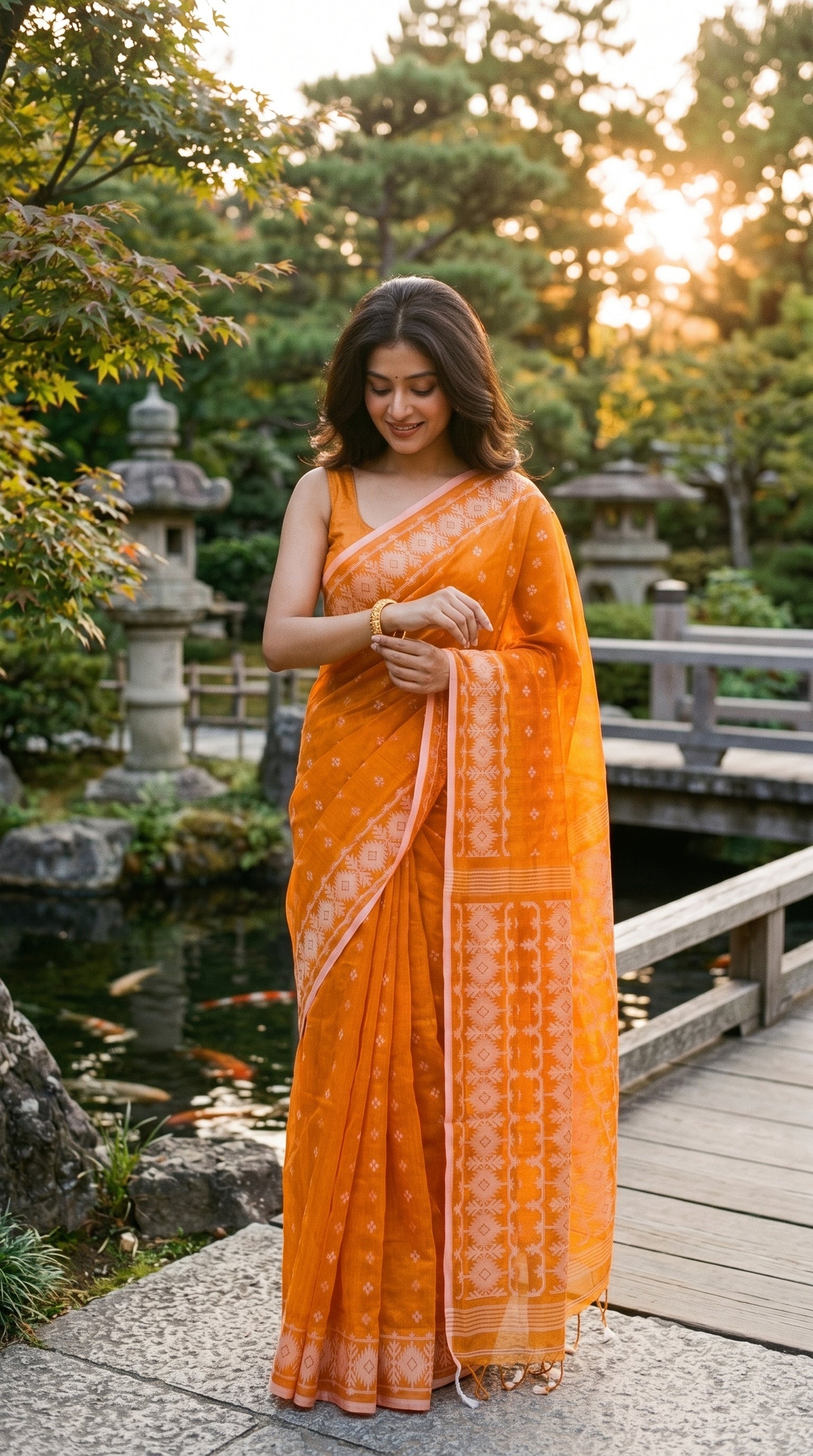 A model standing on a wooden footbridge in a Japanese garden at sunset, looking down to adjust her golden bangle while showcasing a luminous orange cotton tissue Jamdani saree
