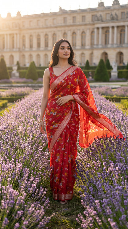 Full-length editorial portrait of a woman standing in a blooming purple lavender field with a classical palace in the background, displaying the breezy movement and gold jacquard borders of her red chinon saree