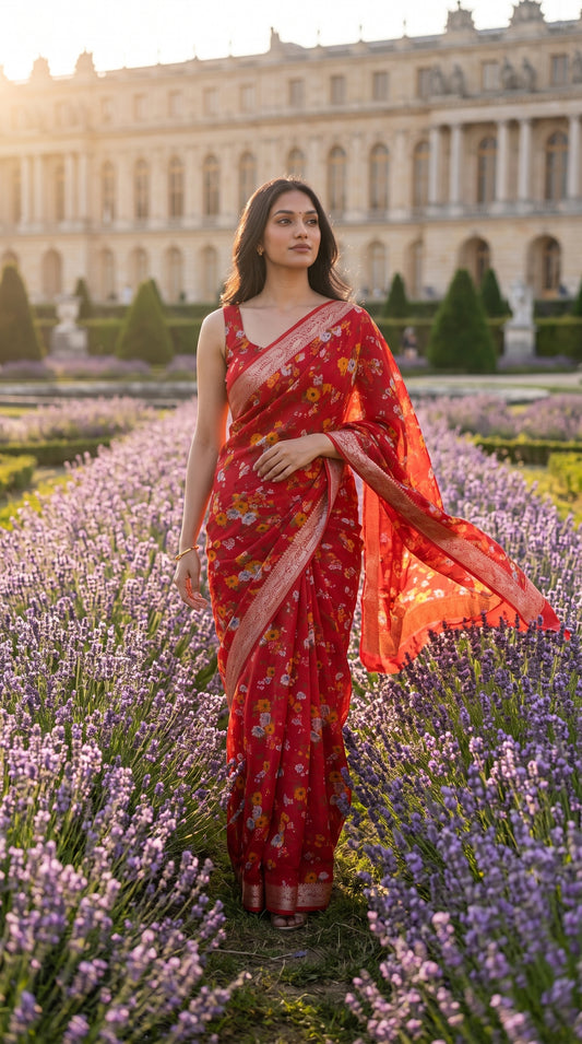 Full-length editorial portrait of a woman standing in a blooming purple lavender field with a classical palace in the background, displaying the breezy movement and gold jacquard borders of her red chinon saree