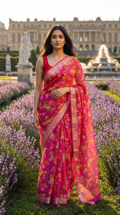 Full-length editorial portrait of a woman standing in a blooming lavender field with a classical palace fountain in the background, showcasing the vibrant magenta hue and gold jacquard borders of her pure chinon saree