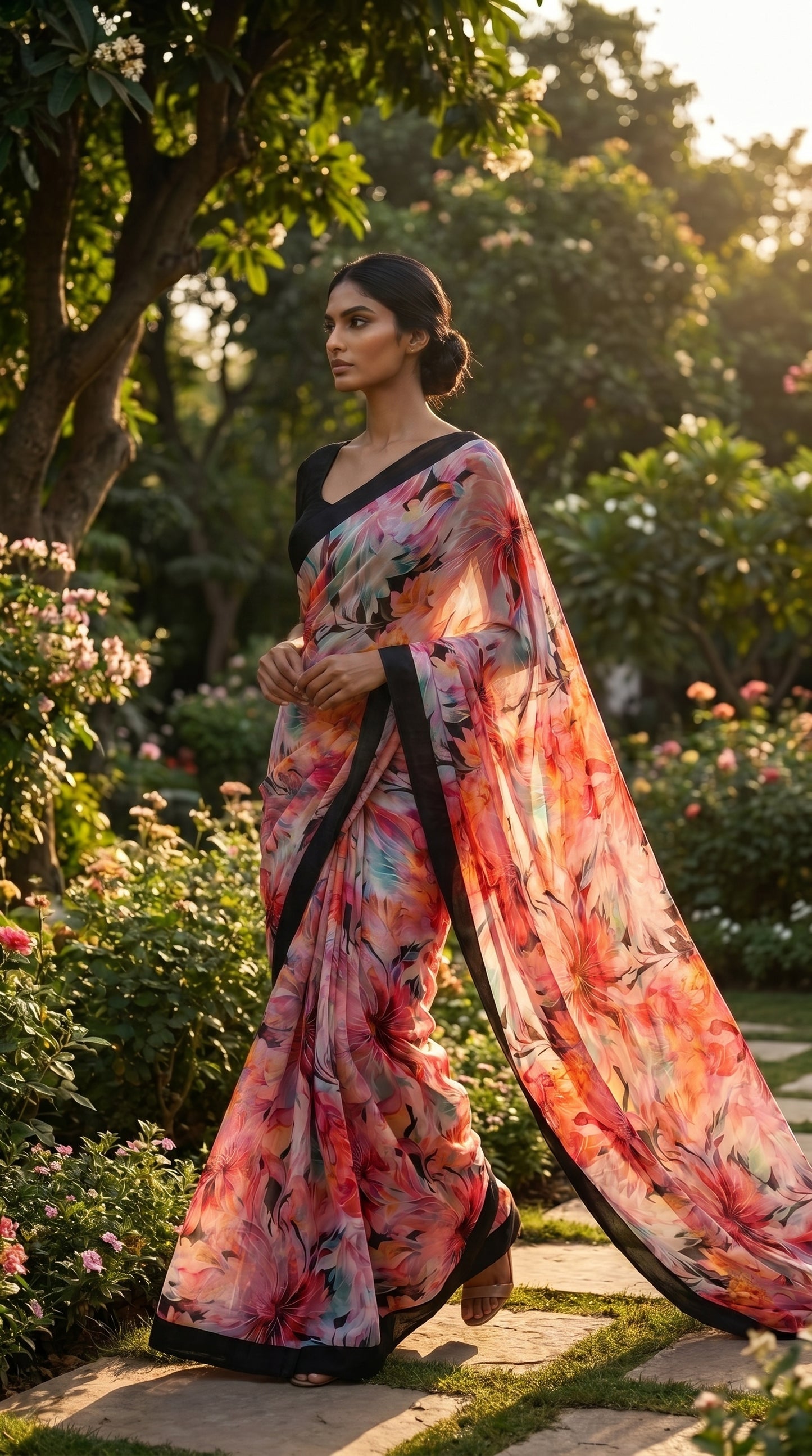A model walking through a lush garden walkway in the afternoon sun, showcasing the fluid, weightless fall and vibrant pink-and-red watercolor blooms of her multicolor pure chiffon saree