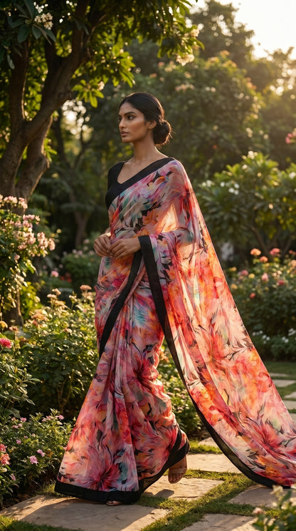 A model walking through a lush garden walkway in the afternoon sun, showcasing the fluid, weightless fall and vibrant pink-and-red watercolor blooms of her multicolor pure chiffon saree