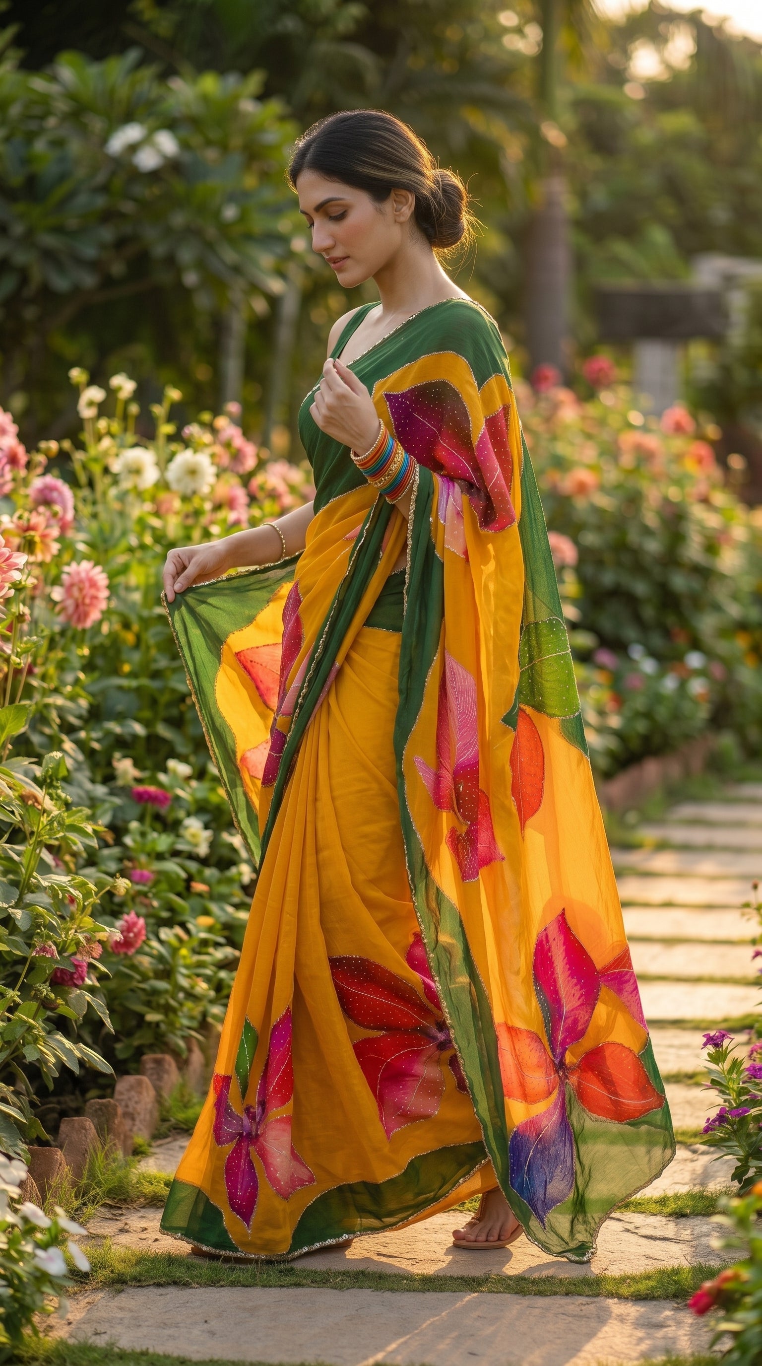 A profile view of a woman with a low bun walking down a paved garden walkway lined with pink dahlias, highlighting the weightless fall and fluid movement of her yellow and green printed saree