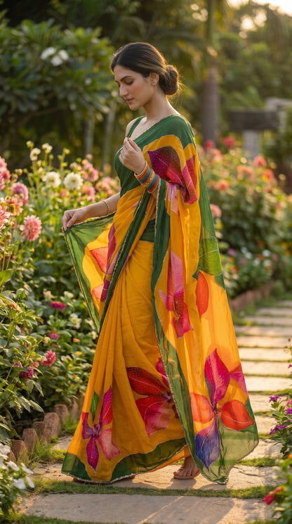 A profile view of a woman with a low bun walking down a paved garden walkway lined with pink dahlias, highlighting the weightless fall and fluid movement of her yellow and green printed saree