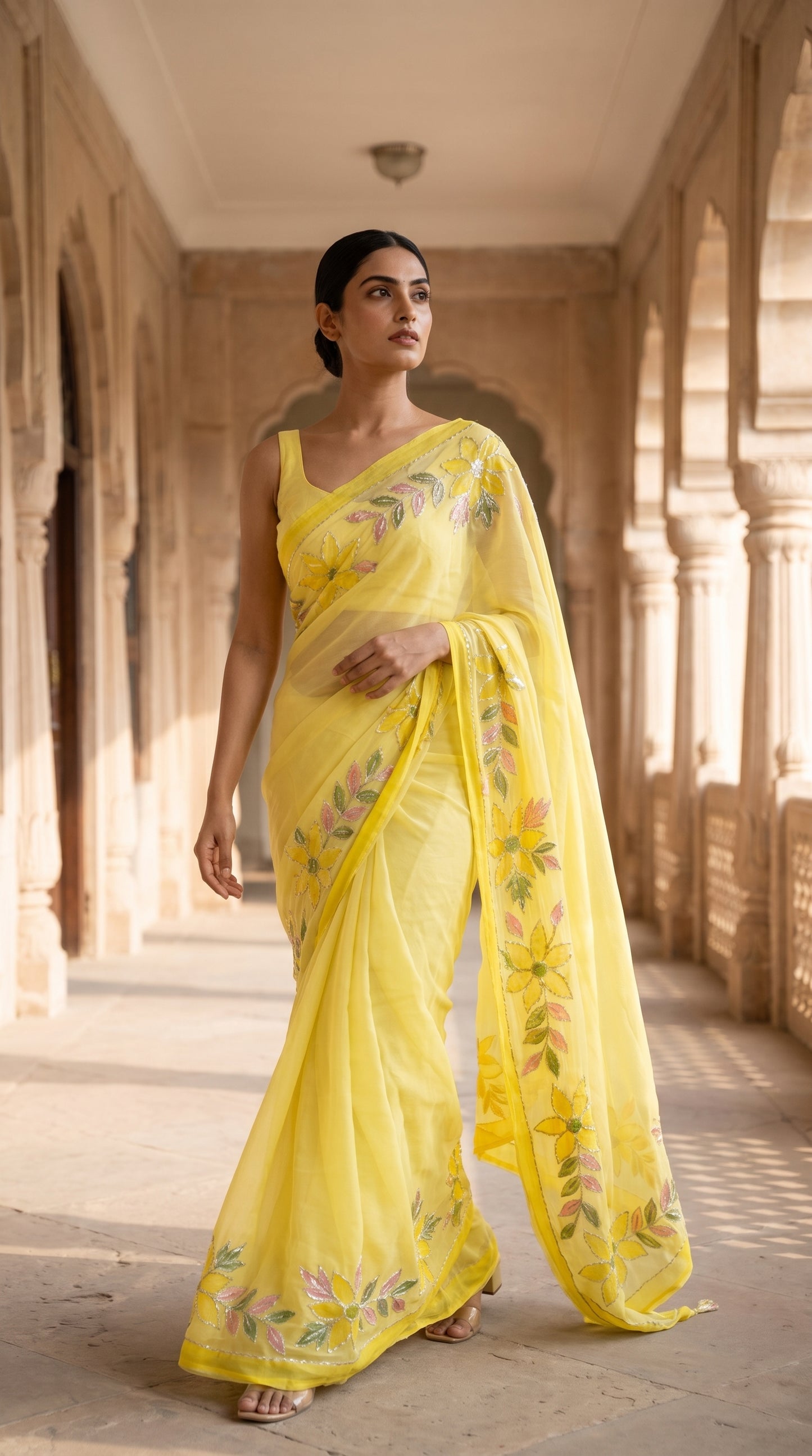 Full-length image of a woman walking down an arched palace corridor, showcasing the fluid, weightless silhouette and straight drape of her yellow hand-painted saree