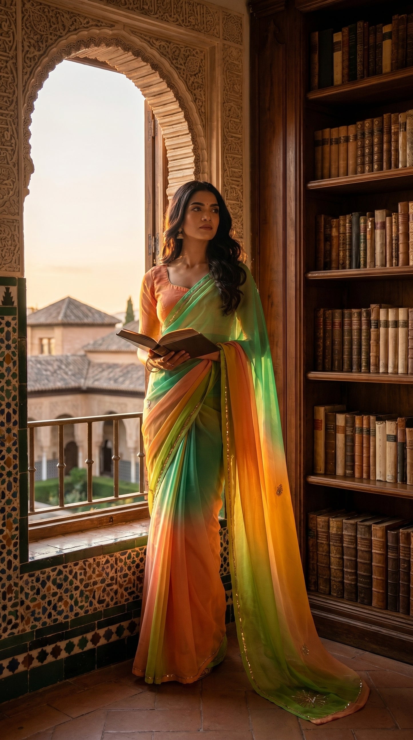 A woman looking out of a traditional arched palace window draped in a light, semi-sheer verdant glow ombré chiffon saree