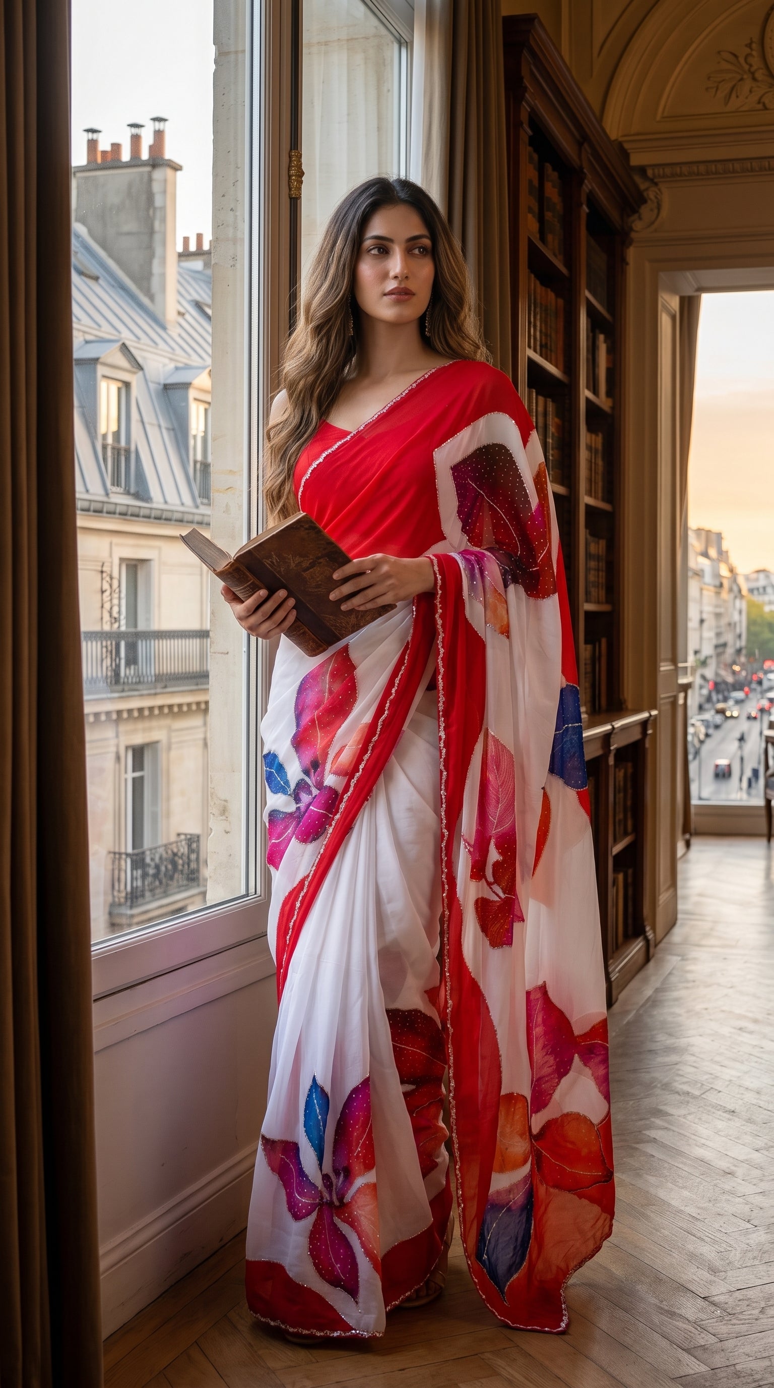 A woman holding an open book while standing by a tall window overlooking Parisian rooftops, showcasing the heavy fluid drape and colorful botanical prints of her white chinon saree