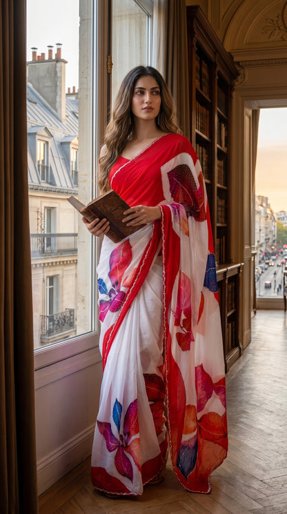 A woman holding an open book while standing by a tall window overlooking Parisian rooftops, showcasing the heavy fluid drape and colorful botanical prints of her white chinon saree