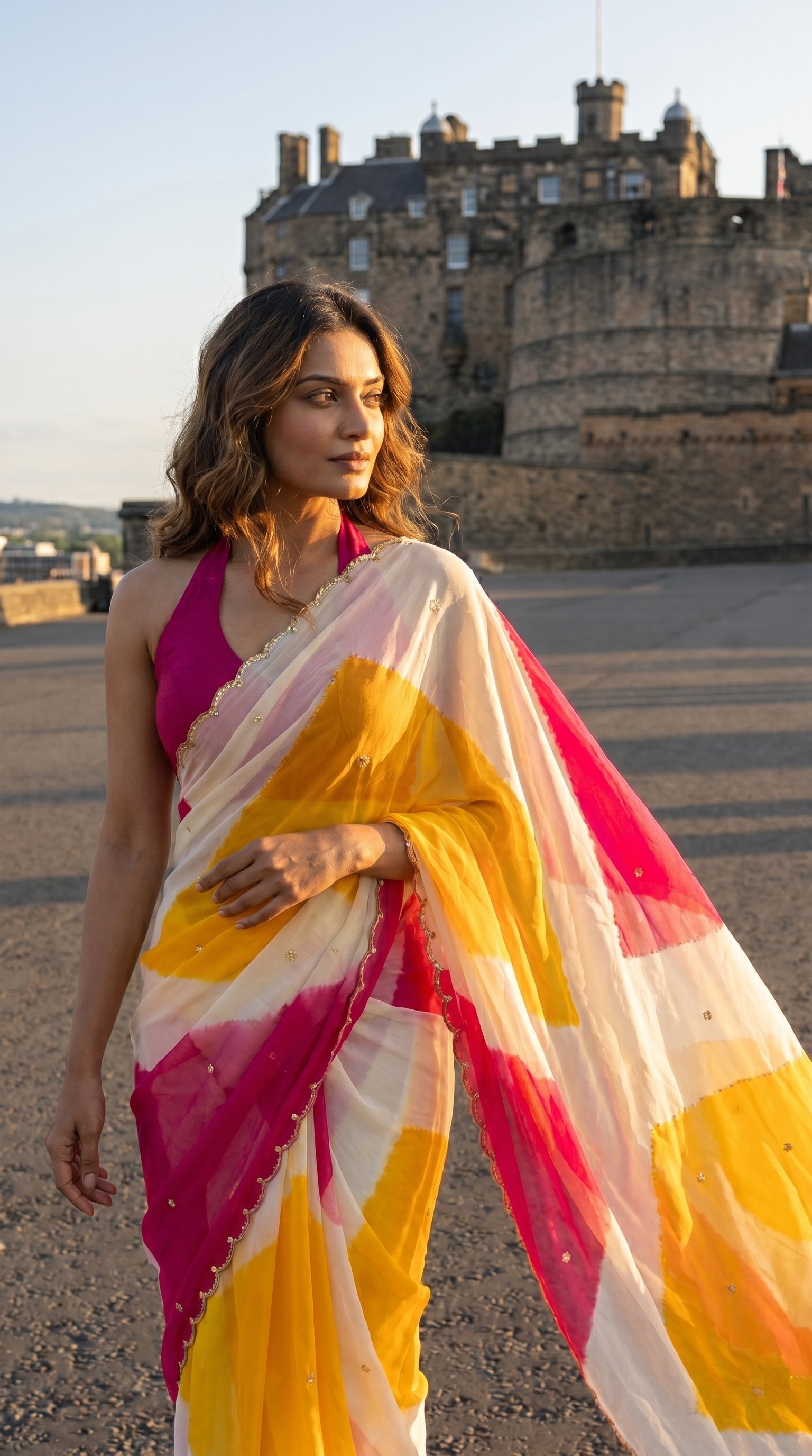 A close-up portrait of a woman looking away, showcasing the intricate golden scalloped katli border on an abstract yellow and fuchsia chiffon saree