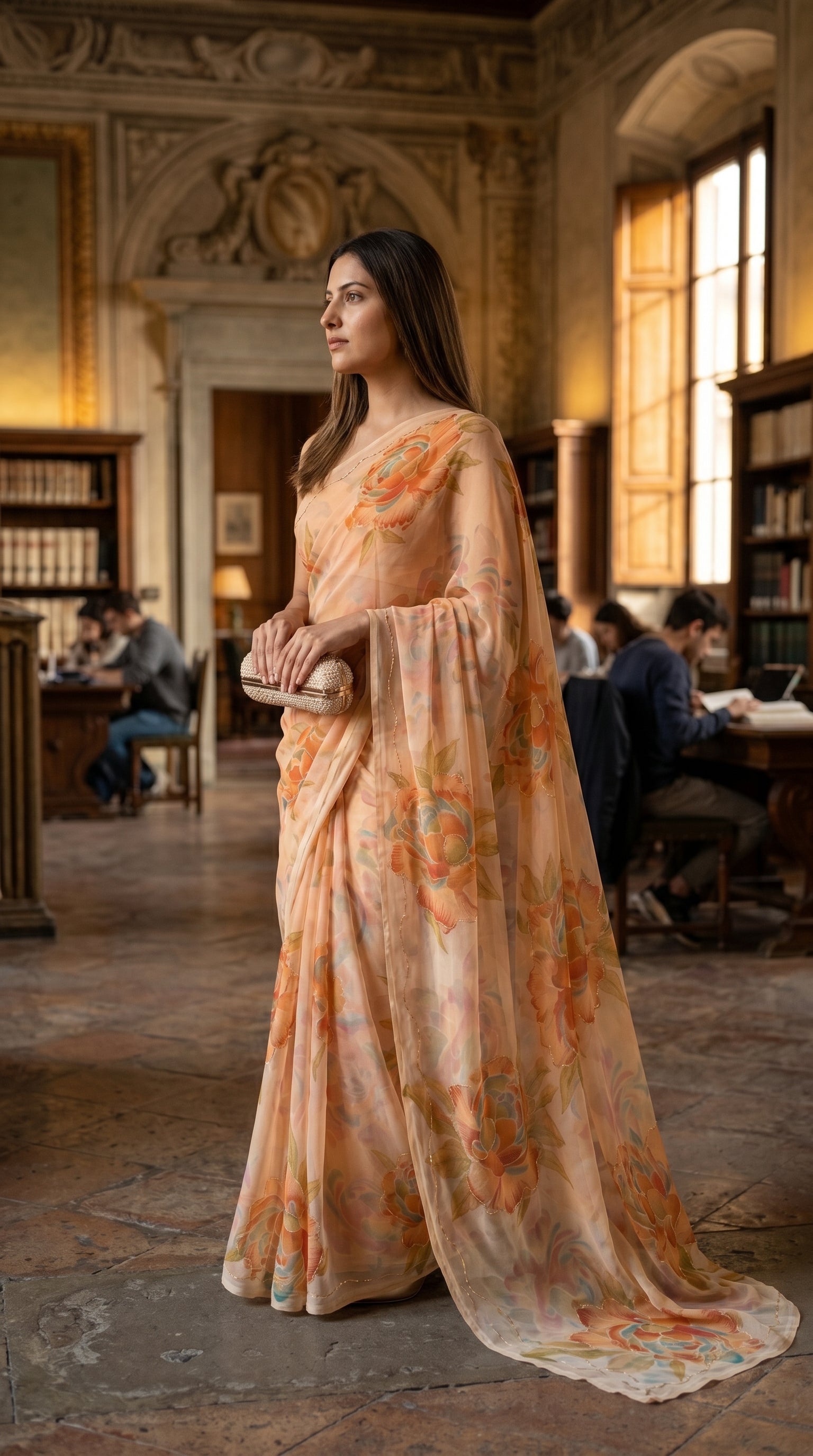 Model posing elegantly in a historic palace hall, showcasing the graceful, flowing pallu trail of a soft peach floral chiffon saree with custom cut work borders