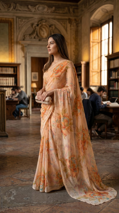 Model posing elegantly in a historic palace hall, showcasing the graceful, flowing pallu trail of a soft peach floral chiffon saree with custom cut work borders