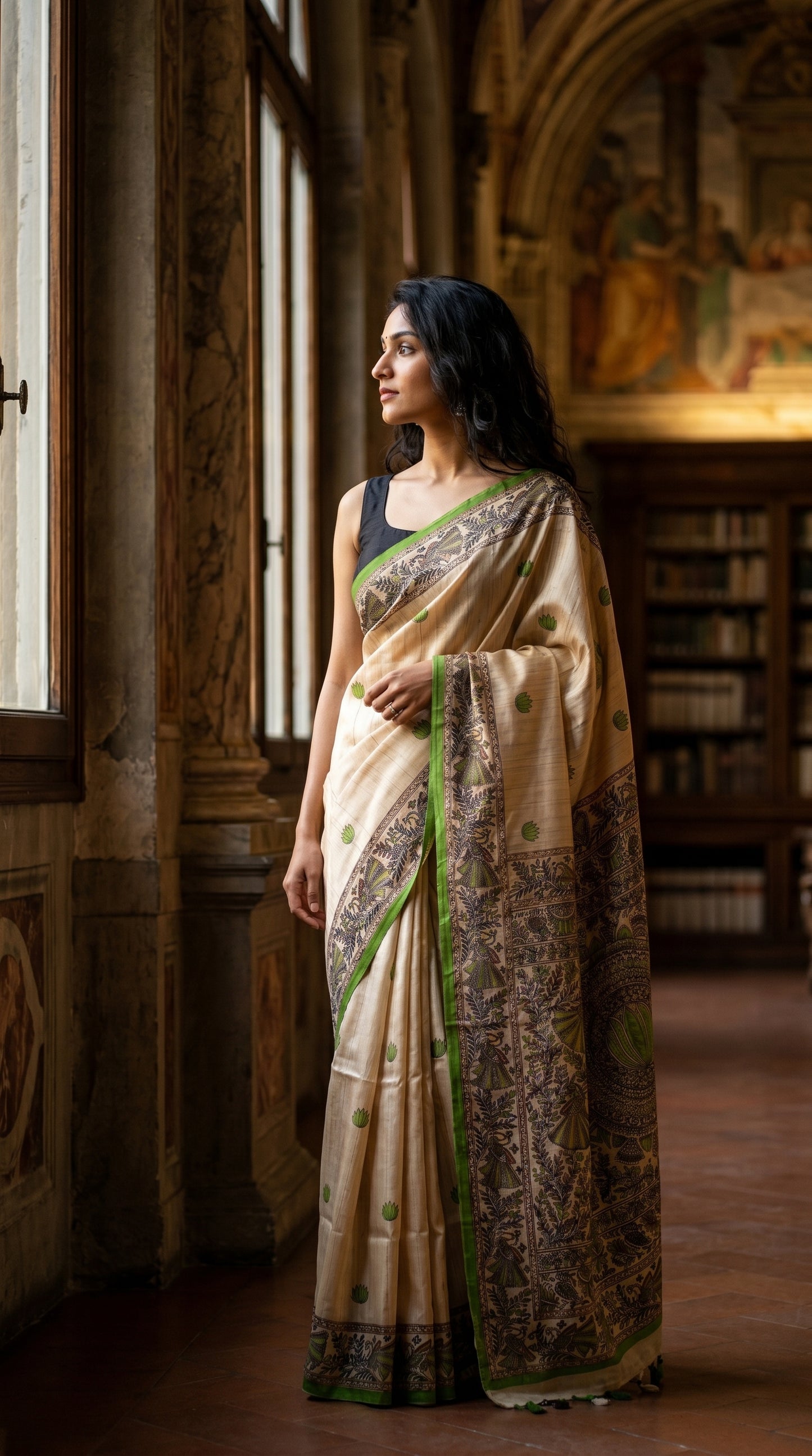 A woman standing thoughtfully inside a grand palazzo corridor next to a window, displaying the elegant pleats and parrot green lotus prints of a blended Tussar silk saree