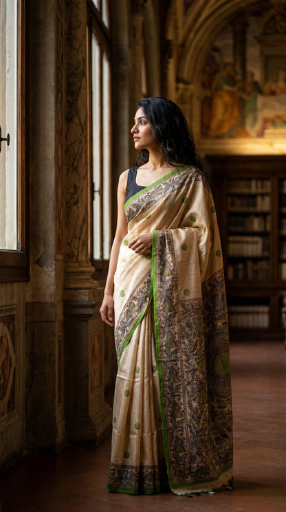 A woman standing thoughtfully inside a grand palazzo corridor next to a window, displaying the elegant pleats and parrot green lotus prints of a blended Tussar silk saree