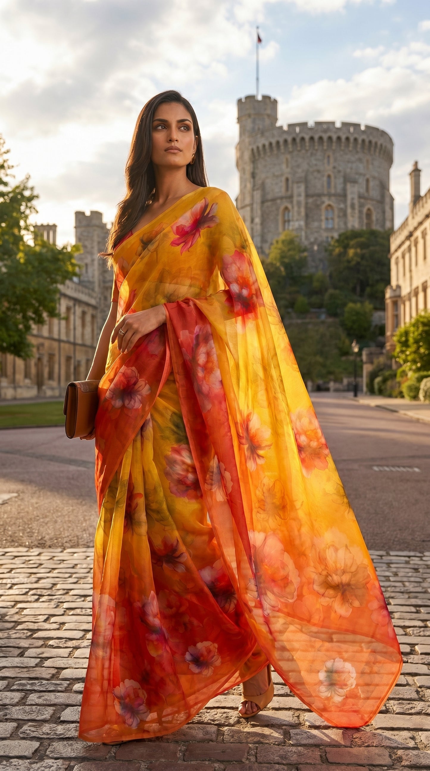 Full-length portrait of a model walking outdoors on a cobblestone road, displaying the fluid crimson and yellow watercolor floral print of her chiffon saree