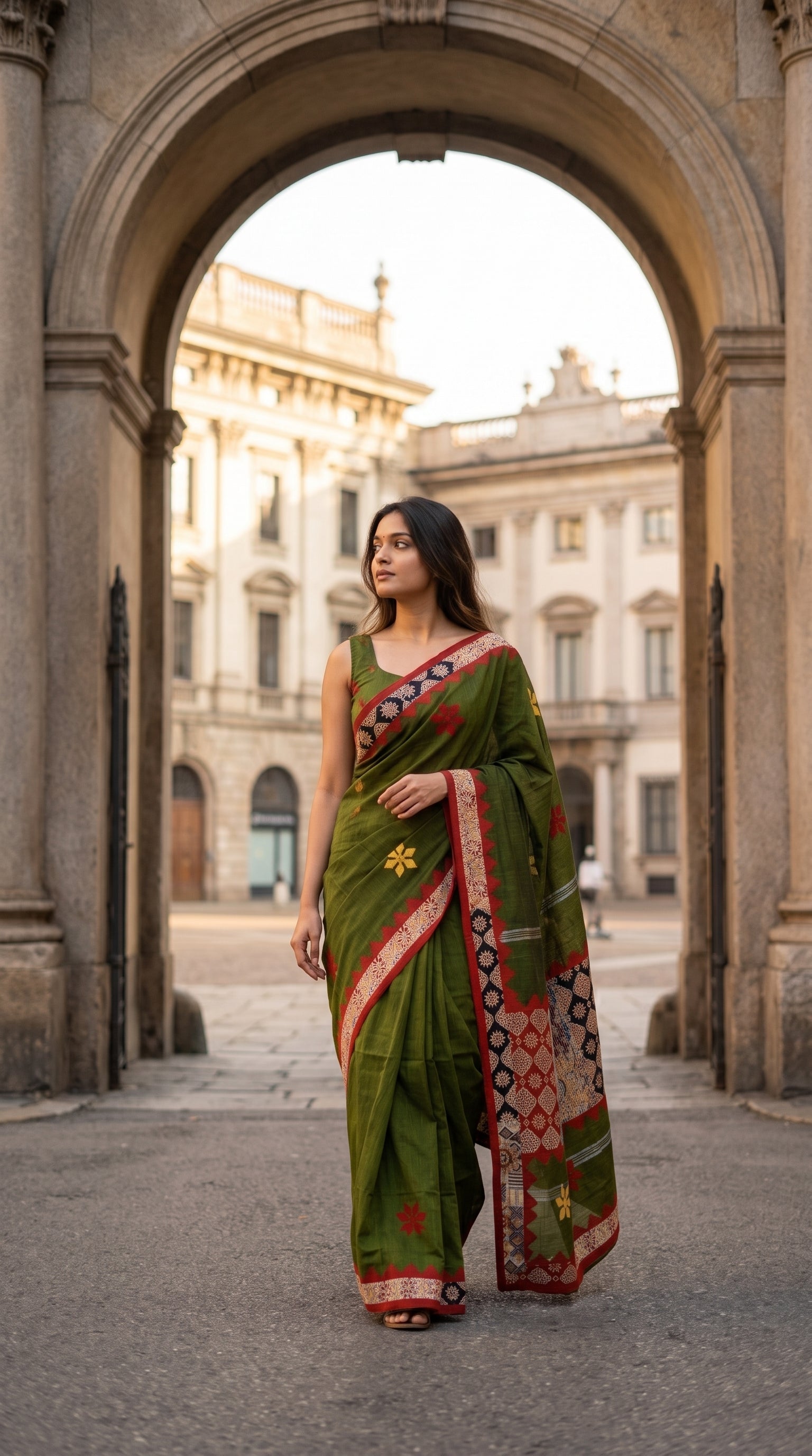 A model looking away while walking down a street through a grand stone archway, draped in an olive green cotton linen saree featuring red and black geometric applique work