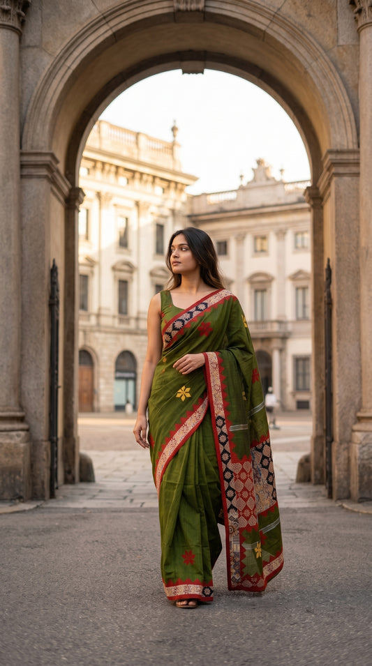 A model looking away while walking down a street through a grand stone archway, draped in an olive green cotton linen saree featuring red and black geometric applique work