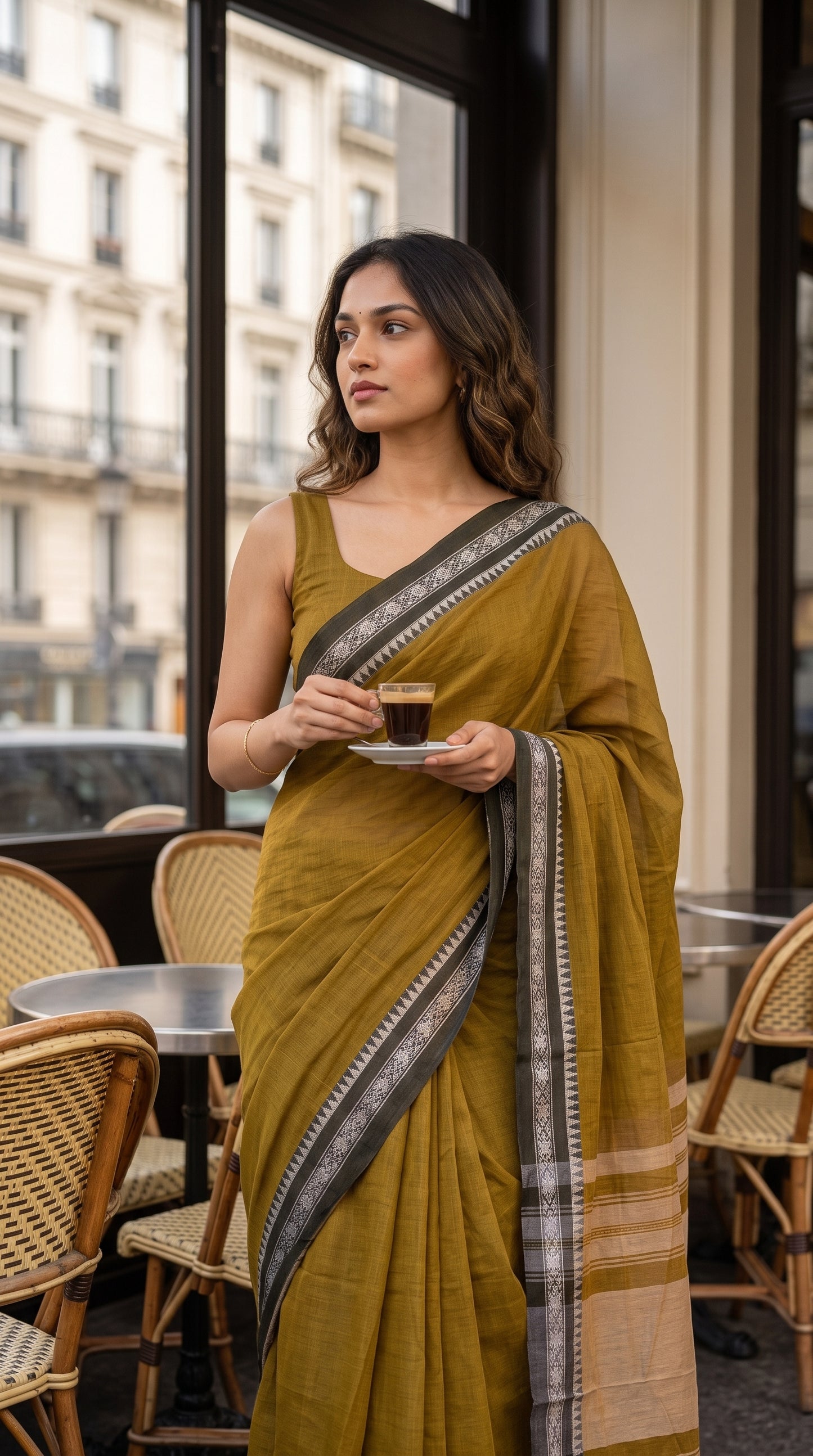 A model looking away while holding a coffee cup at a Parisian street cafe, wearing a khakee green mul cotton saree with a contrast black temple border