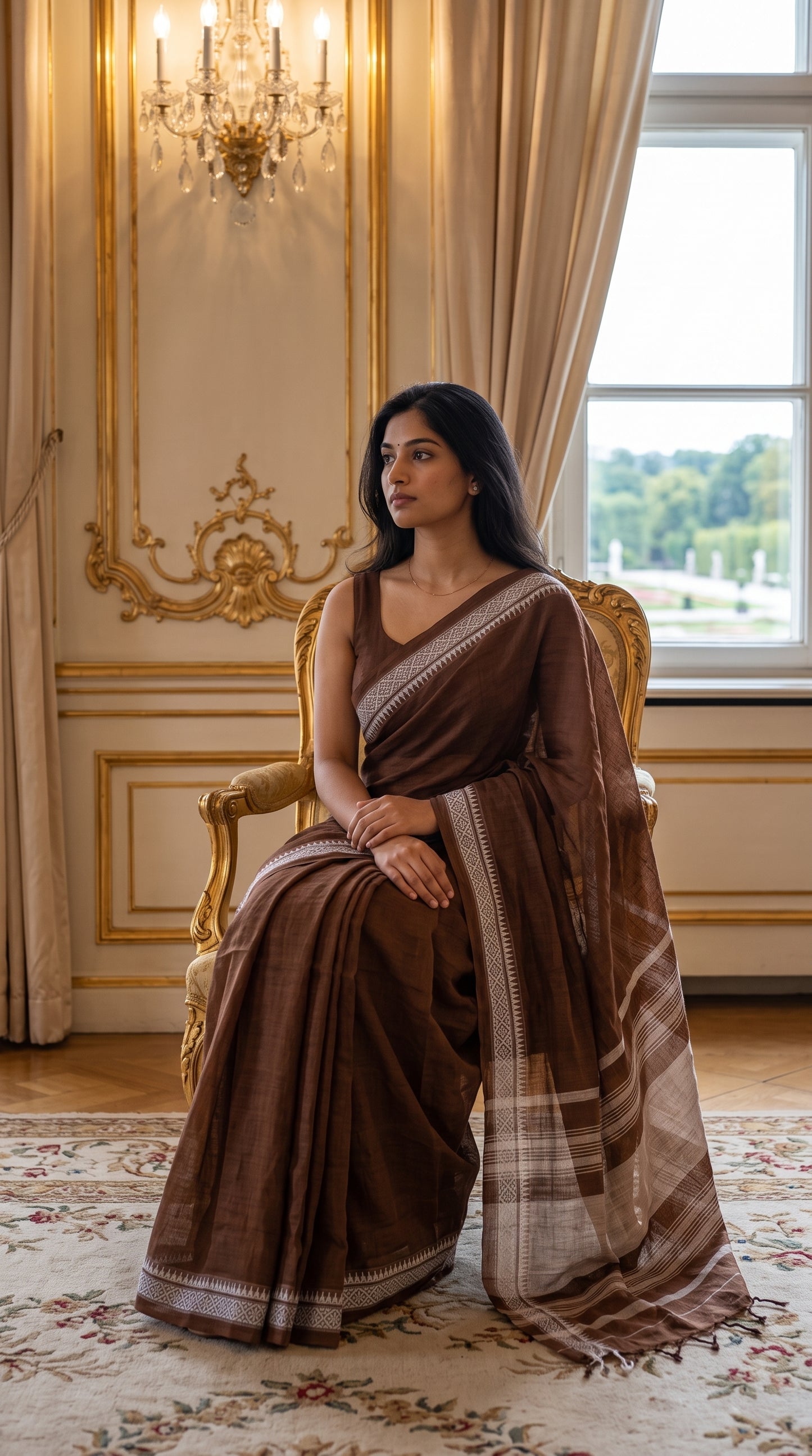 A model looking away while seated on a gilded armchair inside an ornate palace room, wearing a brown mul cotton saree with a white temple border