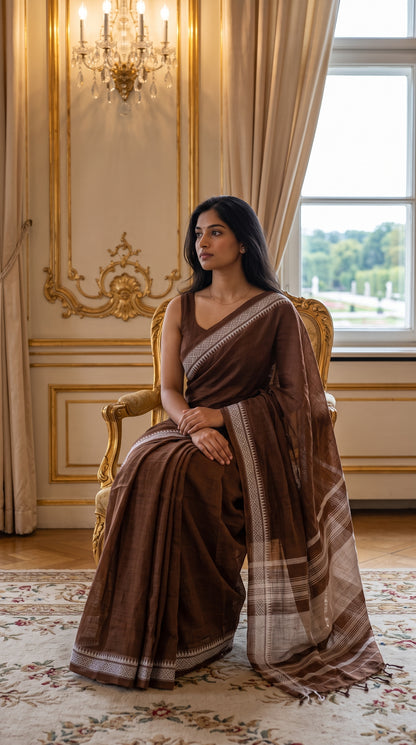 A model looking away while seated on a gilded armchair inside an ornate palace room, wearing a brown mul cotton saree with a white temple border