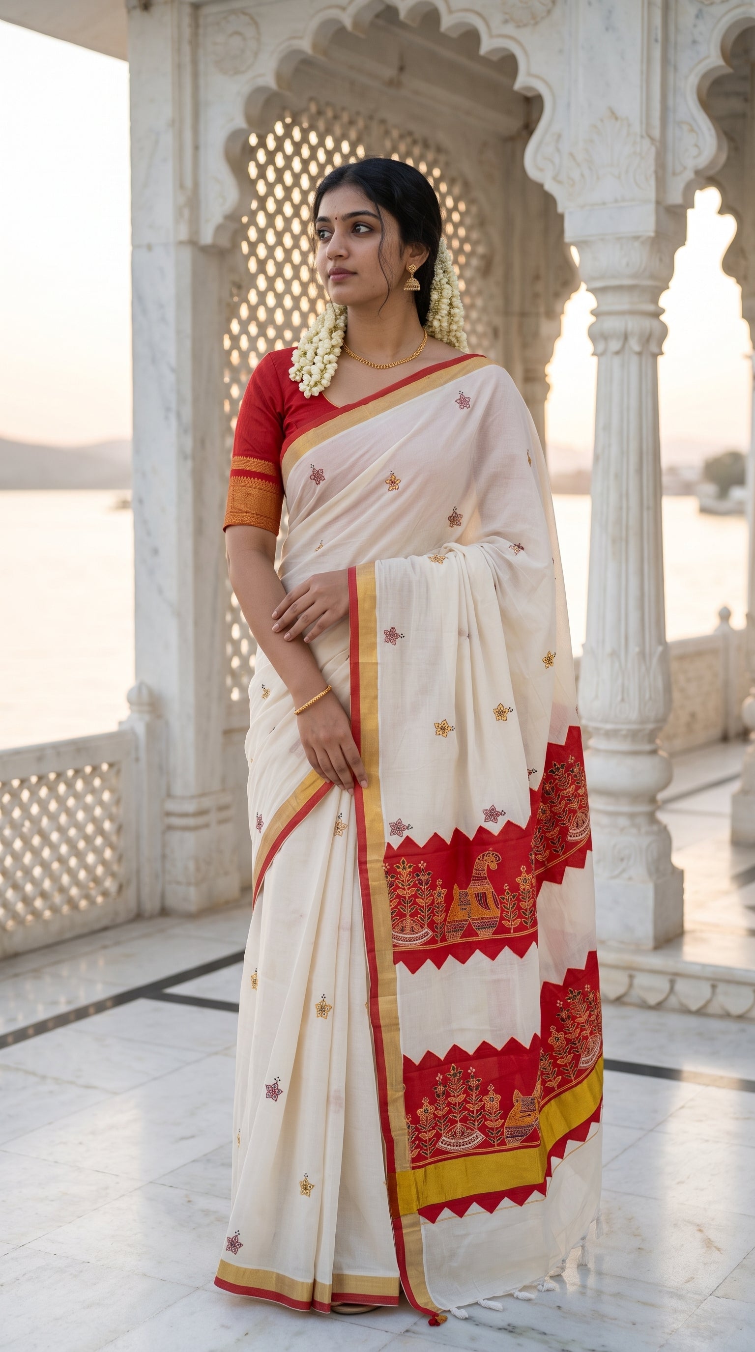 A model looking away while posing on a white marble palace pavilion by the water, wearing a white Kerala cotton saree with red applique work and a gajra bun