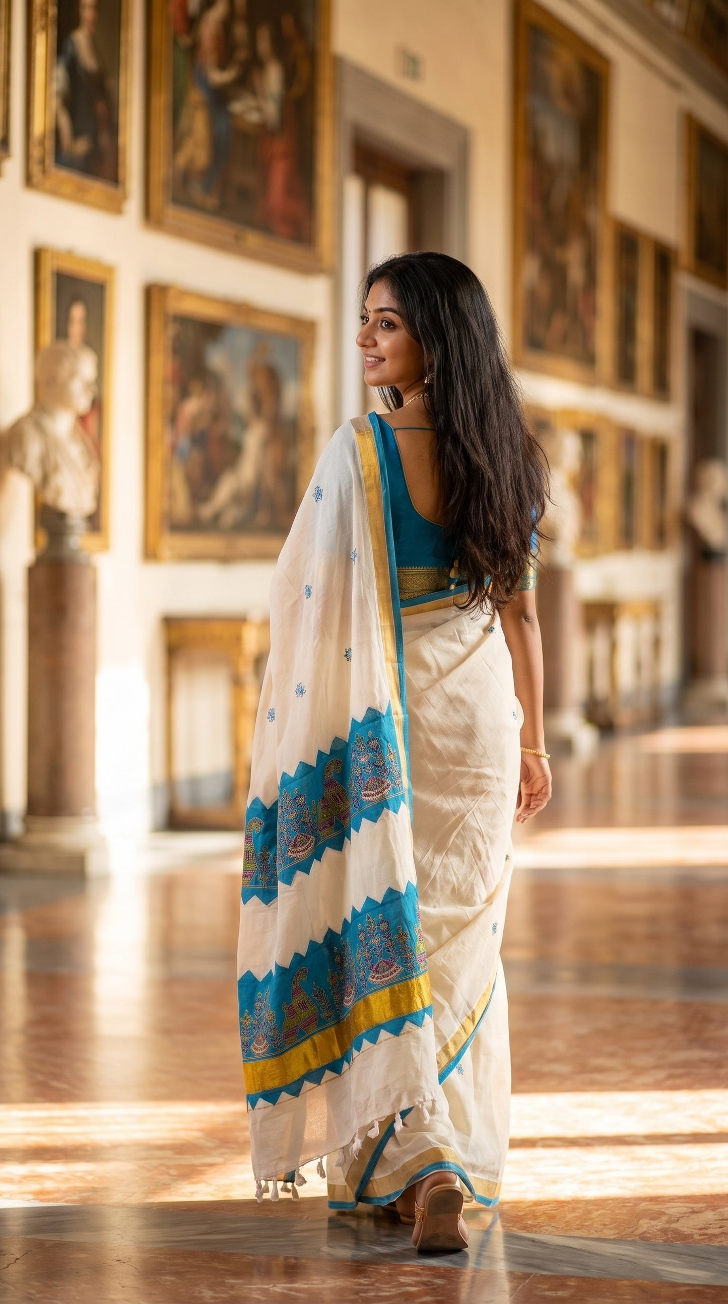 Side-back view of a model walking in an art gallery, displaying the elegant fall of a cream-white Kerala cotton saree with blue trim and her flowing dark hair