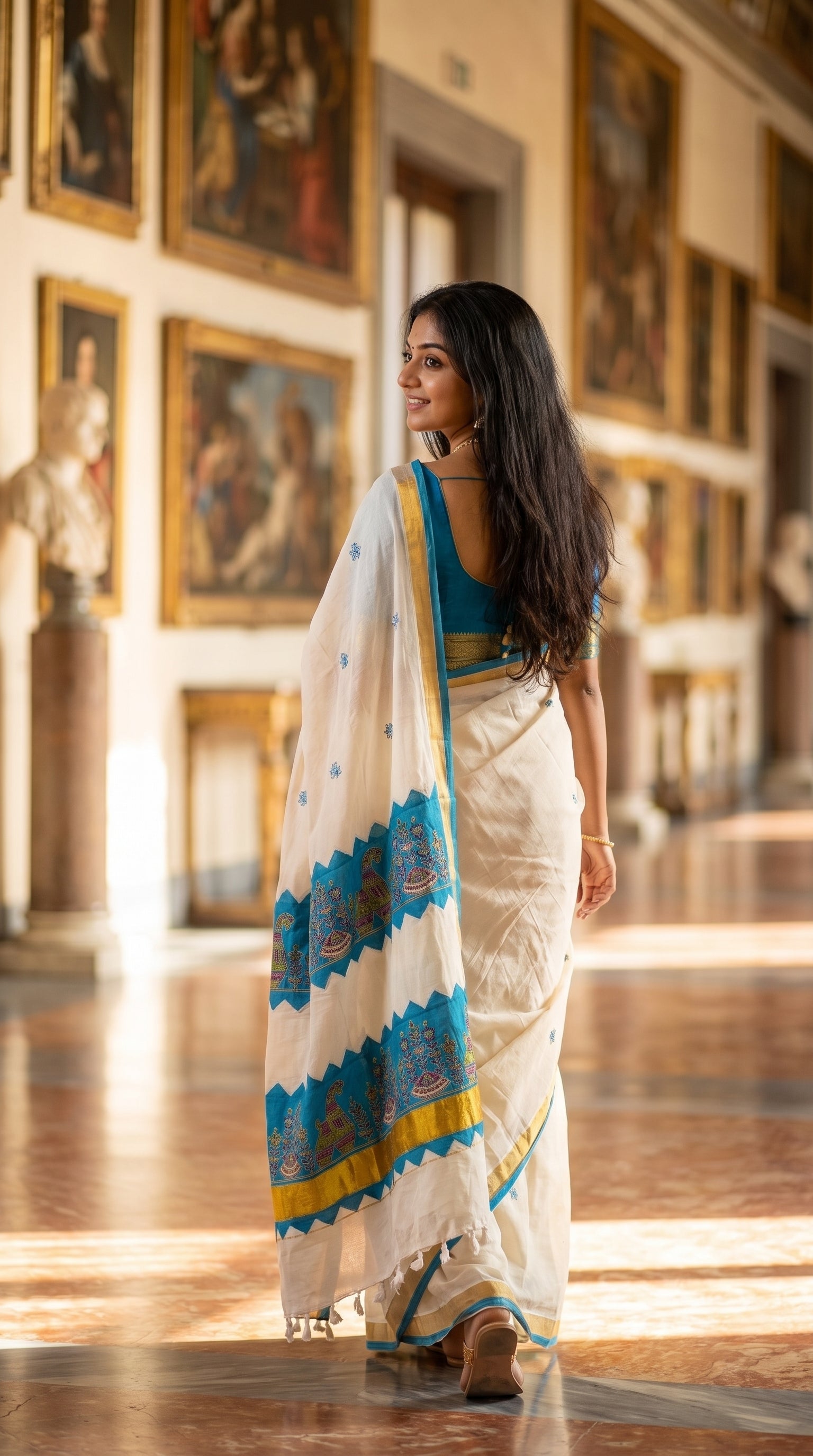 Side-back view of a model walking in an art gallery, displaying the elegant fall of a cream-white Kerala cotton saree with blue trim and her flowing dark hair