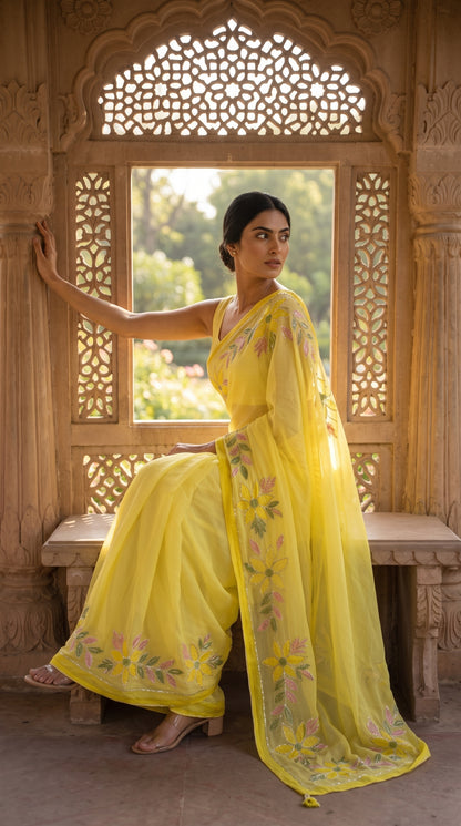 Model seated on a stone bench next to a decorative stone jaali screen window, looking over her shoulder to display the elegant fall and translucent texture of her yellow chiffon saree